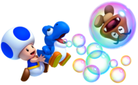 Artwork of Blue Toad with a Bubble Baby Yoshi blowing out bubbles in New Super Mario Bros. U