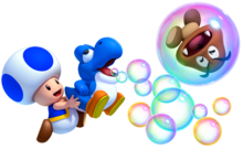 Artwork of Blue Toad with a Bubble Baby Yoshi blowing out bubbles in New Super Mario Bros. U