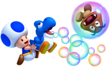 Artwork of Blue Toad with a Bubble Baby Yoshi blowing out bubbles in New Super Mario Bros. U