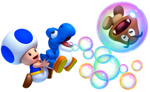 Artwork of Blue Toad with a Bubble Baby Yoshi blowing out bubbles in New Super Mario Bros. U