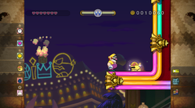 Wario near the golden enemy in Neon City