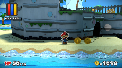 Mario near 2 Coins in Bloo Bay Beach of Paper Mario: Color Splash.