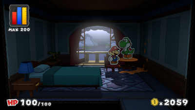Mario near the revealed Yoshi in the Room 303 of Dark Bloo Inn of Paper Mario: Color Splash.
