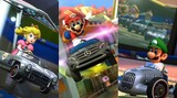 Mario, Peach and Luigi driving on their Mercedes-Benz