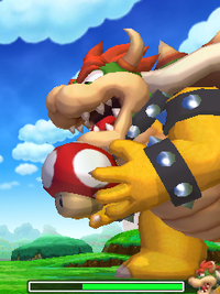 Screenshot of Giant Bowser holding a Mushroom in Mario & Luigi: Bowser's Inside Story + Bowser Jr.'s Journey