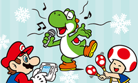 Artwork of Mario playing on the Wii U GamePad with Yoshi singing and Toad playing the maracas