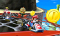 Mario, Toad, Bowser, and Princess Peach racing each other.