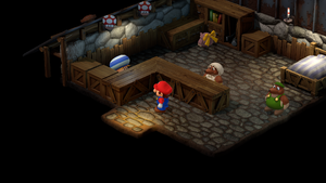 Toad in the Item Shop giving Mario merchandise in Moleville of Super Mario RPG.