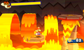 Mario on a platform being held by lava in a volcanic area.