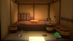 A group of four hidden Toads in Shogun Studios, trapped in barrels inside a building. Each Toad is folded into origami disguises: One as a red scarab beetle, one as a butterfly, one as a grasshopper, and one as a bonsai tree.