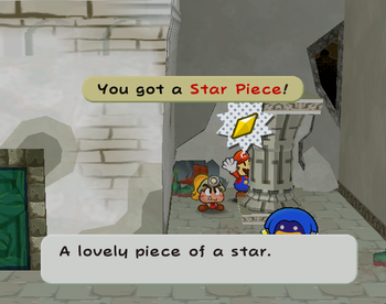 Mario getting the Star Piece behind the right pillar in the center room at level 1 of Rogueport Sewer in Paper Mario: The Thousand-Year Door.