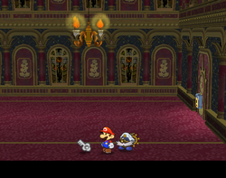 Mario getting a Palace Key after defeating Dark Bones in Palace of Shadow of Paper Mario: The Thousand-Year Door.