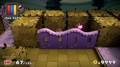 Mario near a Heart in Plum Park of Paper Mario: Color Splash.
