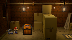 Only treasure chest in the Riverside Station in the remake of Paper Mario: The Thousand-Year Door for the Nintendo Switch.