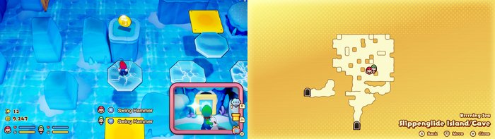 Mario and Luigi near a 10-Coin on Slippenglide Island of Mario & Luigi: Brothership.
