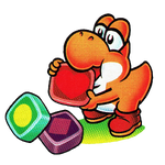 Little Yoshi eating a panel from Tetris Attack.