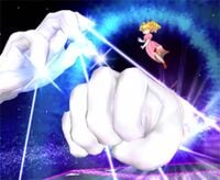 A screenshot of Princess Peach dodging the attacks of both Master Hand and Crazy Hand in Super Smash Bros. Melee