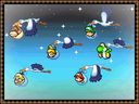 Several Storks carrying Baby DK, Baby Mario, Baby Luigi, Yoshi, Baby Peach and Baby Wario.