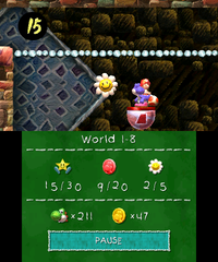 Smiley Flower 3: Held in another hidden Winged Cloud, floating near a row of Countdown Platforms at the left of an Egg Plant. Blue Yoshi can reveal it by throwing an egg at a trail of coins.