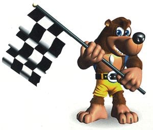 Banjo holds a checkered flag in Diddy Kong Racing