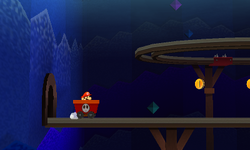 Mario near the first two Coins out of 70 in the second minecart scene in Bowser's Snow Fort of Paper Mario: Sticker Star.