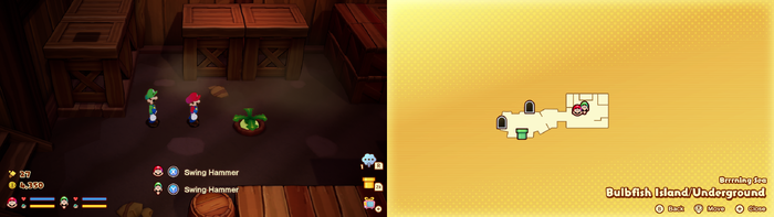 Mario and Luigi near a Grampy Turnip on Bulbfish Island from Mario & Luigi: Brothership.