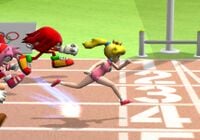Peach crossing the finish line in 400m in Mario & Sonic at the Olympic Games for Wii