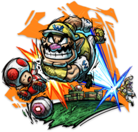 Artwork of Wario being boosted by Waluigi and knocking out Toad in Mario Strikers: Battle League