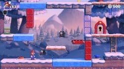Screenshot of Slippery Summit level 6-2 from the Nintendo Switch version of Mario vs. Donkey Kong