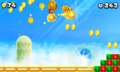 Mario on a Gold Lakitu's Cloud with two Gold Lakitus in World 5-2 of New Super Mario Bros. 2