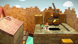 Mario getting the Star Piece under a hidden panel on the roof of the rightmost house in the east area of Rogueport in the remake of the Paper Mario: The Thousand-Year Door for the Nintendo Switch.