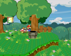 Mario getting a Mushroom from a tree in the western part of Petal Meadows of Paper Mario: The Thousand-Year Door.