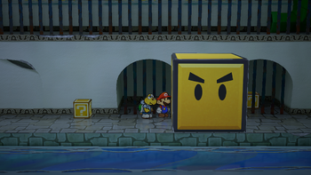 Last two blocks in the Rogueport Underground in the remake of Paper Mario: The Thousand-Year Door for the Nintendo Switch.