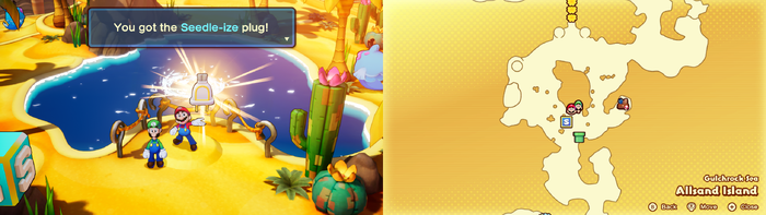 Mario and Luigi being given the Seedle-ize Battle Plug by the whirlpool on Allsand Island of Mario & Luigi: Brothership.