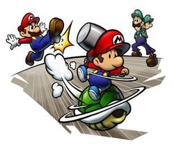 Artwork of Mario kicking a Green Shell, which Baby Mario is riding, in Mario & Luigi: Partners in Time