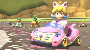 Cat Peach in the Cat Cruiser on N64 Royal Raceway in Mario Kart 8