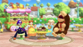 Waluigi, Princess Daisy, Rosalina, and Donkey Kong eating doughnuts during the ending