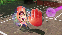 Pauline being pushed around by Shova gloves from a Shova Racket. From Mario Tennis Fever