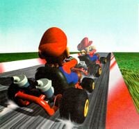 Artwork of Mario competing against his Ghost, depicting the Time Trial mode in Mario Kart 64