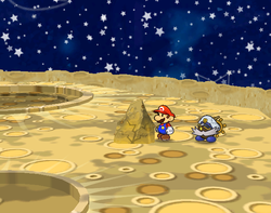 Mario near the rock containing a Ruin Powder on the Moon of Paper Mario: The Thousand-Year Door.