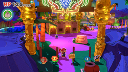Mario standing near a Flashy Hammer, Ice Flower, Shiny Fire Flower and Shiny Mushroom in Shroom City of The Origami King.