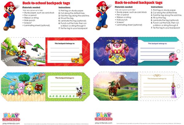 Printable sheets for backpack tags branded with various Nintendo 3DS games, such as Mario Kart 7, Animal Crossing: New Leaf, Kirby: Planet Robobot, and The Legend of Zelda: Ocarina of Time 3D