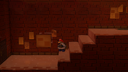 Mario near the poster containing a Thunder Rage in Riverside Station of Paper Mario: The Thousand-Year Door for Nintendo Switch.