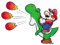 Artwork of Mario and Yoshi breathing fire, from Super Mario World.