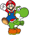 Mario posing on Yoshi's back