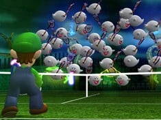 Screenshot showing a match between Luigi and Boo, performing his defensive power shot, the Boo Brigade Return in Mario Power Tennis