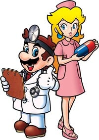Artwork of Dr. Mario and Nurse Toadstool in Dr. Mario 64 (also used for Dr. Mario & Puzzle League)