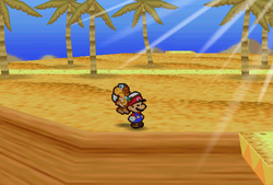 Mario finding three coins in the scene D7 of Dry Dry Desert of Paper Mario.