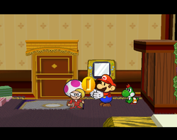 Mario getting Coins from Jolene after the rematch with Rawk Hawk in Glitz Pit of Paper Mario: The Thousand-Year Door.