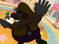 Wario loses in Head Waiter, hitting the screen. From Mario Party 5.